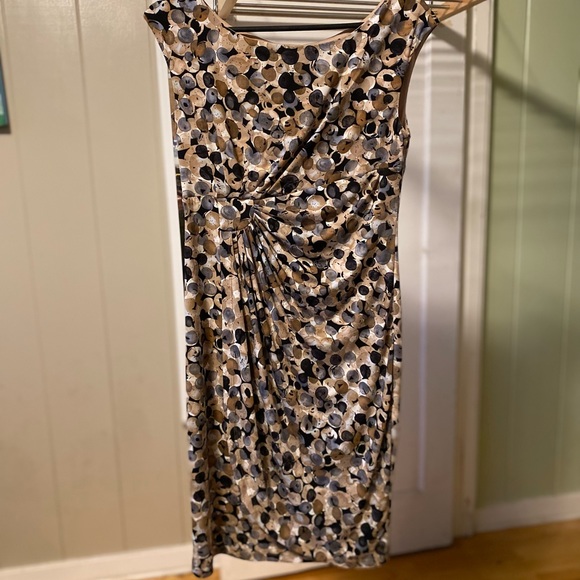 Connected Apparel Cap Sleeve Mock Wrap Dress Tan dots - Picture 15 of 16